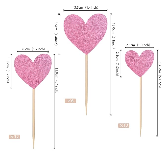 30 PCS Heart Cupcake Toppers Glitter Sweet Love Theme Cupcake Picks Wedding Engagement Bridal Shower Birthday Valentine's Day Party Cake Decorations Supplies Mixed Size Pink