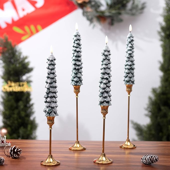 4 PCS Flameless Christmas Tree Candles with Remote, Snow Covered Real Wax Flameless Taper Candles 9.65 Inch, LED Candlesticks Battery Operated with 3D Flickering Flame, Christmas Candles Decor