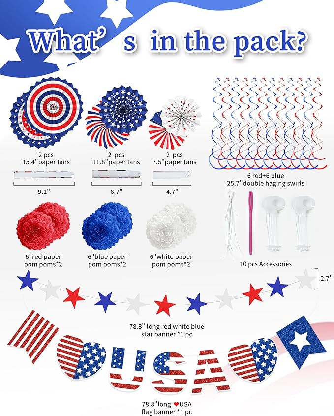 26 Pcs 4th of July Decorations Outdoor, Patriotic Decorations LOVE USA Banner Red White Blue Paper Fans Hanging Swirls Pompoms Independence Day Decor for Veterans, Memorial, Fourth of July