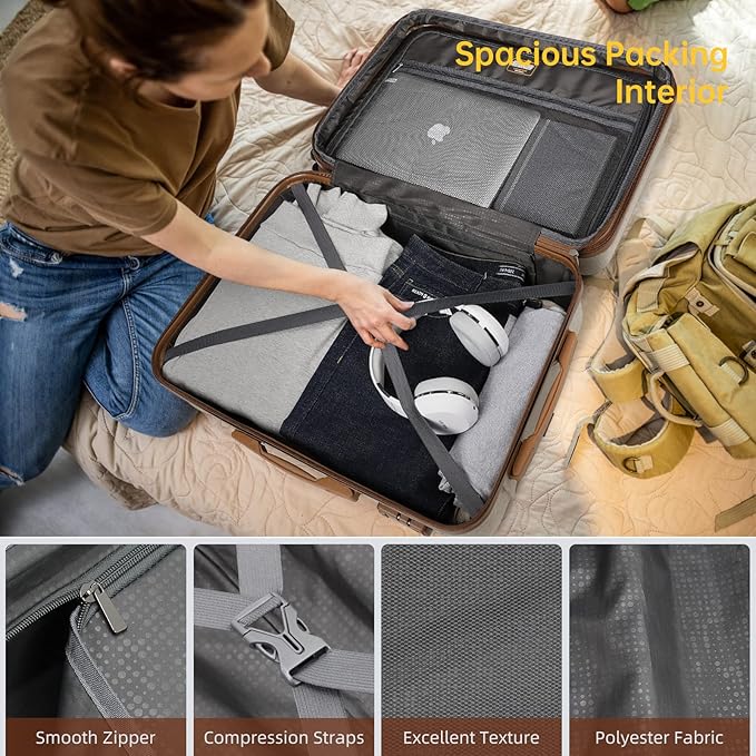 LARVENDER Luggage Sets 6 Piece, Expandable Hardside Carry on Suitcase Set with Spinner Wheels, Lightweight Rolling Luggage Sets for Women with TSA Lock, Cream Brown