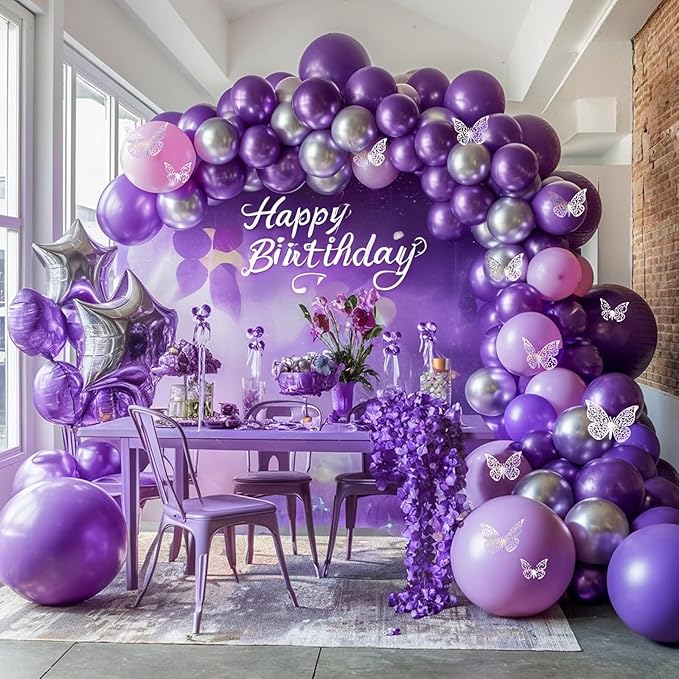 Purple Silver Balloon Arch Kit, Metallic Purple Silver Butterfly Balloons with Butterfly Stickers for Kids Butterfly Party Decorations Birthday Balloons Baby Shower Engagement Party Supplies