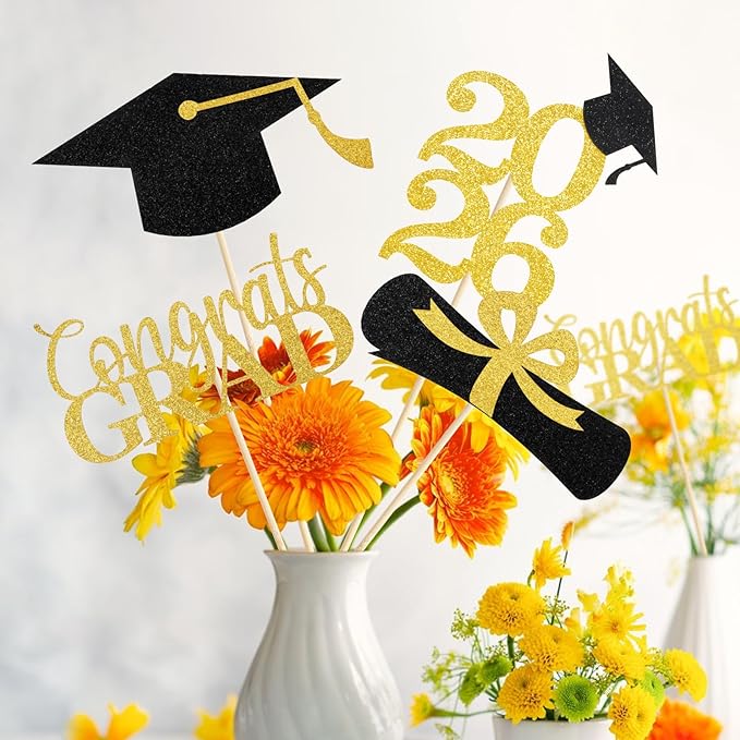 Graduation Decorations 2026, 16 PCS Black Gold Graduation Centerpieces for Tables, Double-Sided Table Toppers Centerpieces, Class of 2026 Grad Party Decorations 2026