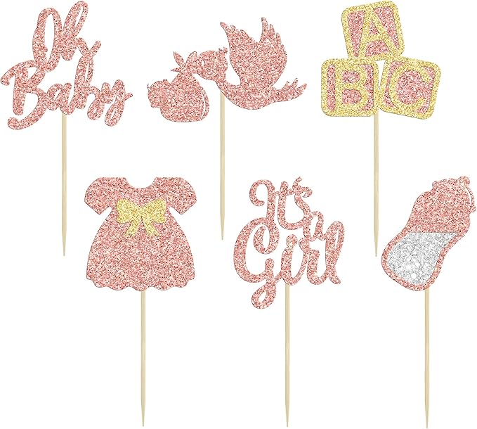 24Pcs Baby Shower Oh Baby Cupcake Toppers Rose Gold Glitter Bow Dress Bottle Swan It's a Girl Cake Picks Decorations for Baby Shower Gender Reveal Girls Birthday Party Supplies