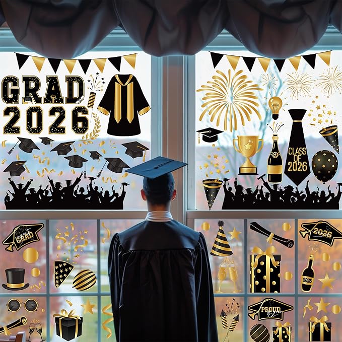 108 PCS Graduation Window Clings, 9 Sheets Black Gold Graduation Decorations, Double-Sided Congrats Grad Decorations for Windows with Caps Gowns Balloons, Grad Stickers for School Home Decor