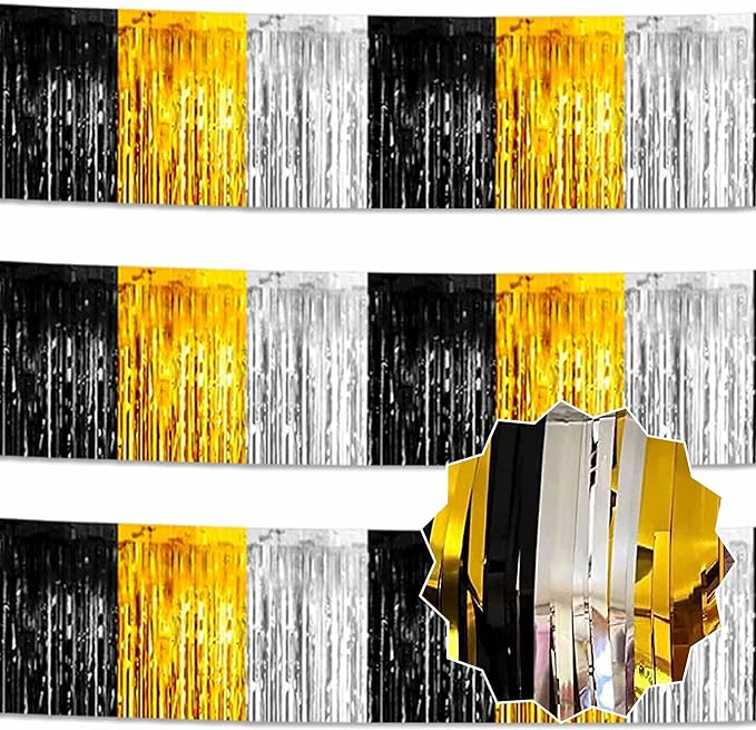 3 Pack 10 Ft Black Gold Silver Foil Fringe Garland Metallic Streamers Tinsel Banner Wall Hanging Garland Backdrop for Parade Floats, Halloween, Christmas, Thanksgiving, New Year Party Decorations