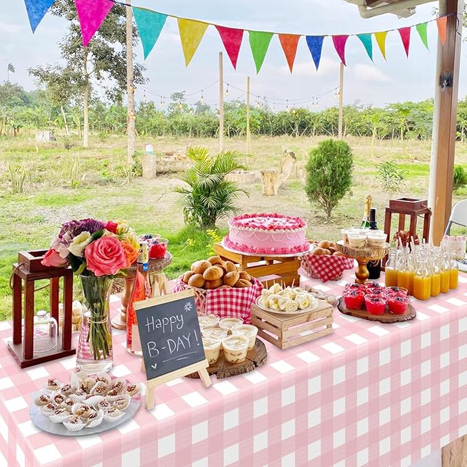 4 Pack Pink Gingham Tablecloths, Pink and White Checkered Tablecloths 86.6 x 51.2 Inches Gingham Table Covers Rectangular Waterproof Picnic Table Covers for Birthday Party Holiday Outdoor Supplies