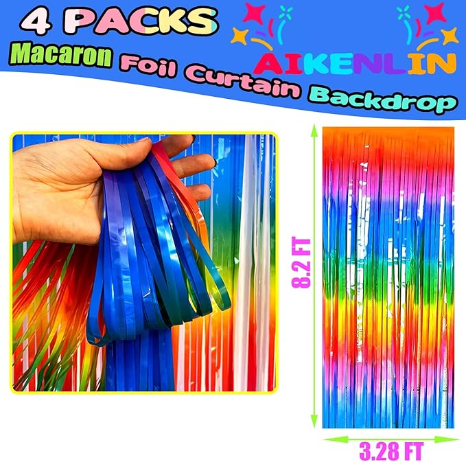 4 Pack 3.2Ft x 8.2Ft Rainbow Foil Fringe Curtain Backdrop, Metallic Tinsel Foil Fringe Streamers Curtains Background for Photo Booth, Birthday, Wedding, Disco, Bachelorette, Christmas Party Decoration