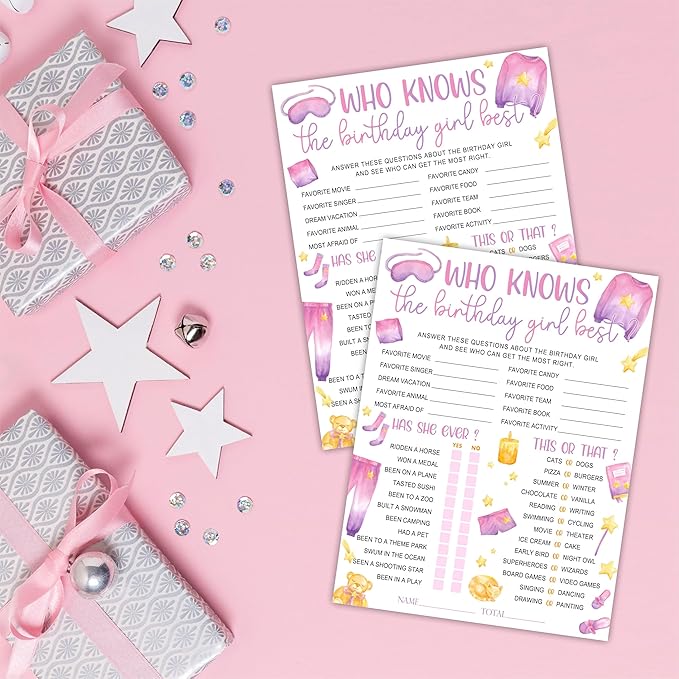 6"X8" Who Knows The Birthday Best - Watercolor Girl's Slumber Party - Funny Double-Sided 3-in-1 Game Card Set for Birthday Party, Sleepover Party Activities Supplies (20 Pcs)- A06