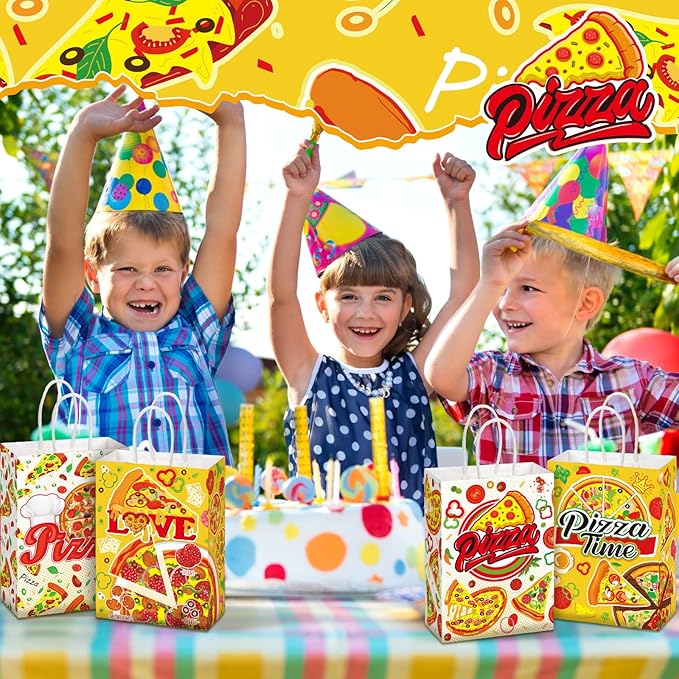 24 Pcs Pizza Party Favors Paper Gift Bags with Handle Decorations Pizza Candy Goodie Treat Bags Large Birthday Party Supplies for Baby Shower, 6 Styles