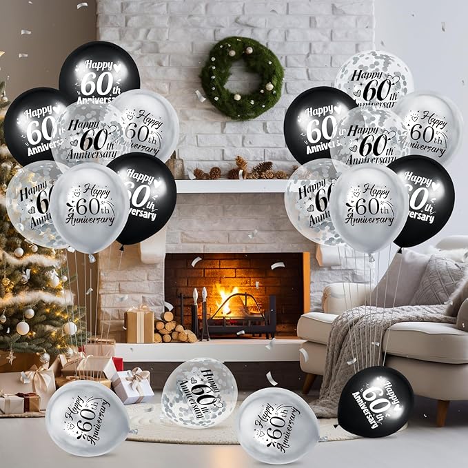 60th Anniversary Balloons 18Pcs Black Silver 60th Anniversary Party Decorations for Women Men Black Silver 12Inch Happy 60 Latex Confetti Balloons for Indoor Outdoor Party Supplies