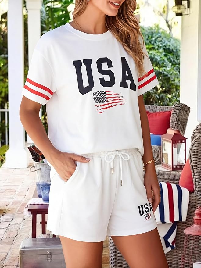 VILOVE 4th of July 2 Piece Sequin Outfits Women 250 Anniversary Usa Shirts and Short Sets Casual Patriotic Shirt Summer Set