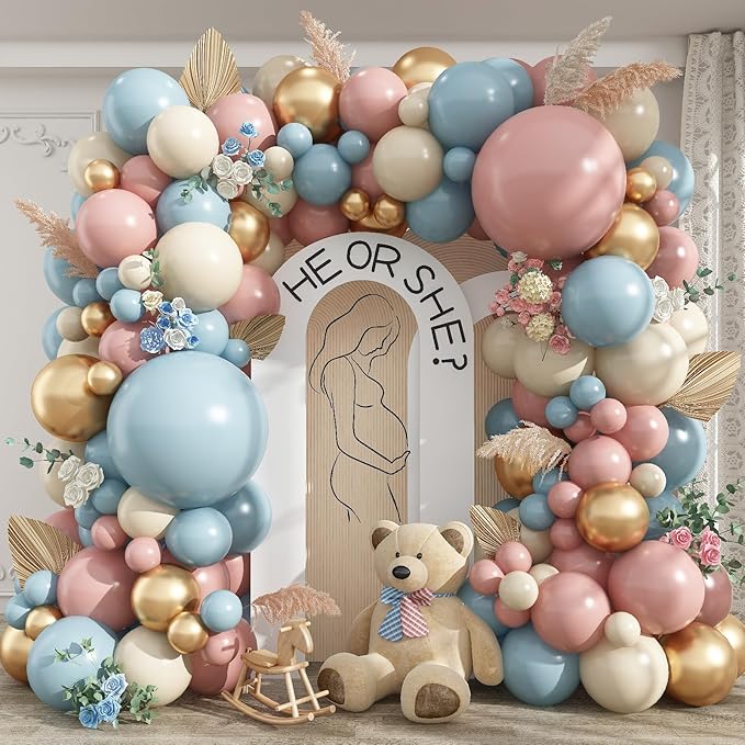 Gender Reveal Balloon Arch Kit, 100 PCS Dusty Pink Blue Balloons, Metallic Gold Sand White Balloons for Boy or Girl Gender Reveal Boho Birthday Wedding Baby Shower Bridal Bear Theme Party Decorations
