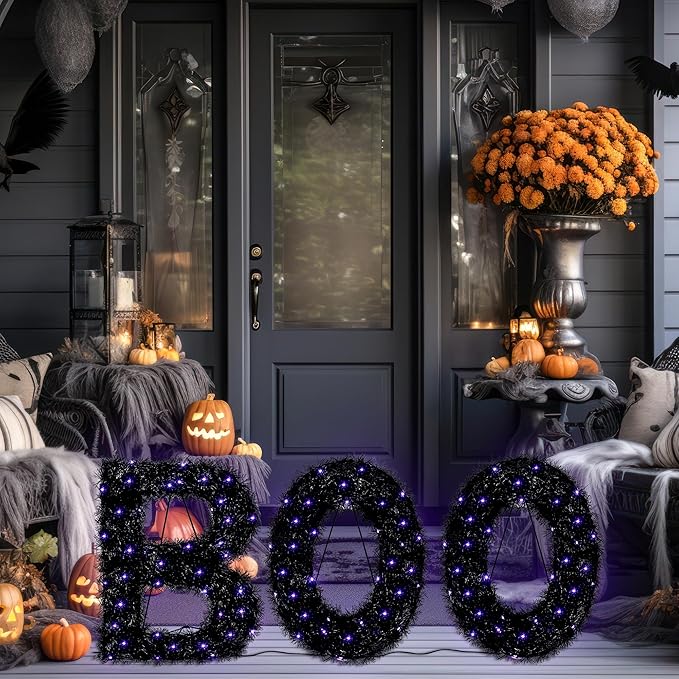 ATDAWN 3 Piece Outdoor Boo Sign Halloween Decoration, Lighted Boo Yard Display Set, Boo Yard Sign for Halloween Indoor Lawn Decor, Black & Purple