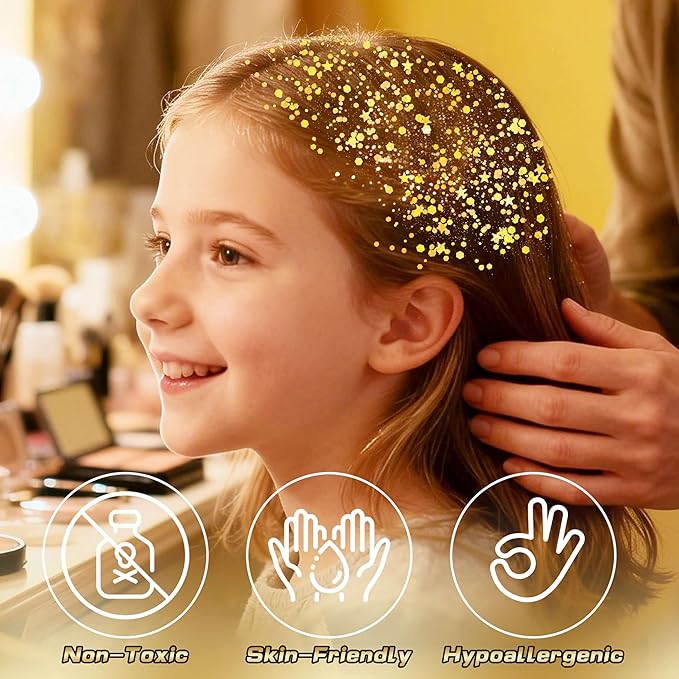 Gold Face Hair Glitter,Cheer Holographic Yellow Body Glitter,Rave Music Festival Singer Concert Gold Accessories,Mardi Gras Outfit for Women,Halloween Cosplay Shimmer Makeup