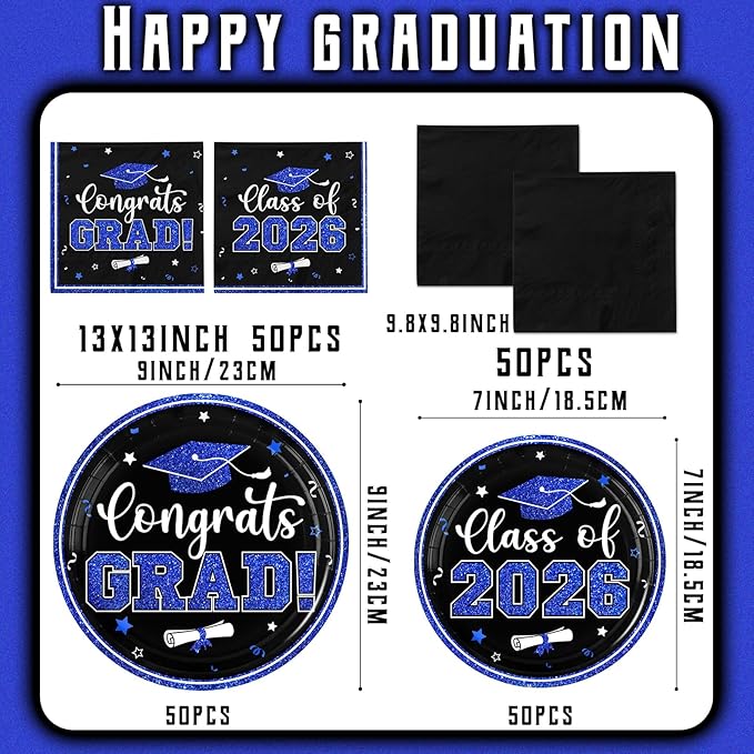 Black and Blue Graduation Decorations 2026,200pcs Blue Graduation Plates and Napkins Congrats Grad Class Of 2026 Plates and Napkins for Graduation Party Supplies ,Serve 50