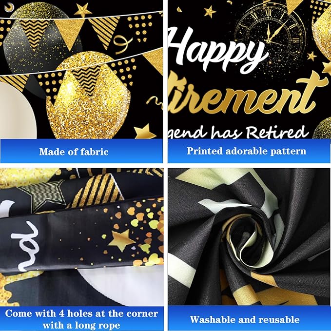 Retirement Party Decorations Kit for Men Women, Black Gold Happy Retirement Banner with 6PCS Honeycomb Centerpiece,5.9 x 3.6Ft, Black Gold Office Yard Sign for Farewell Decorations Party Supplies