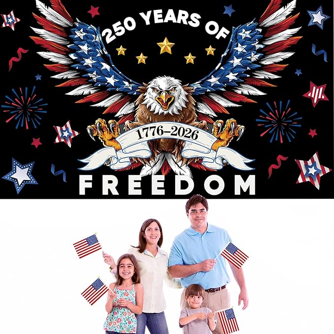 Red Blue 250 Years America Backdrop Banner Photography Background for 250th Anniversary USA Theme 4th of July Independence Day Home Garden Outdoor Party Decorations Supplies 72.8 * 43.3in
