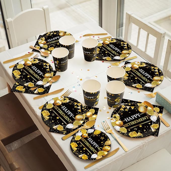 168 Pcs Retirement Party Supplies, Black Gold Happy Retirement Party Decorations for Women Retired Paper Plates Napkins Cups, Plastic Forks Knives Spoons for Going Away Decorations