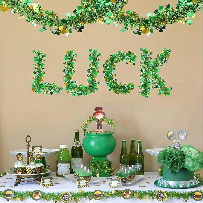 50 Ft St Patricks Day Garland Decorations,Lucky Gold Green Irish Shamrock Hat Glitter Tinsel Garland Hanging Decor for Tree Mantle Holiday Party Bedroom Office Classroom Indoor Outdoor