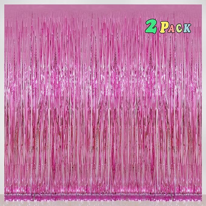 Pink Foil Fringe Curtains Tinsel Backdrop, Melsan 3.2 x 8 ft Metallic Tinsel Curtains Party Decorations for Baby Shower, Princess Themed Birthday Party Backdrop - Pack of 2