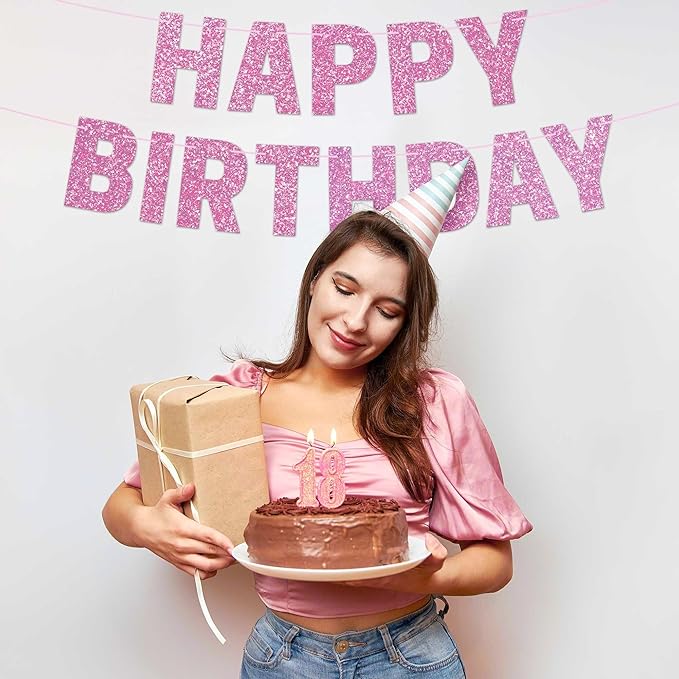Pre-strung Happy Birthday Banner - No DIY - Pink Glitter Happy Birthday Party Banner for Girls & Women - Pre-strung on 8 ft Strands - Light Pink Bday Party Decorations & Decor. Did We Mention No DIY