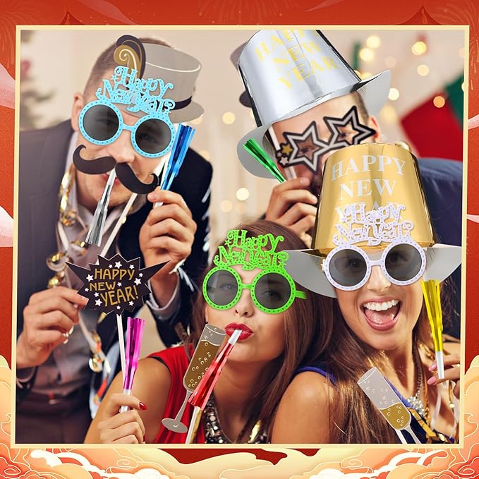 Shappy 36 Pieces New Year Eve Party Supplies 2026 Includes 12 Paper New Year Party Hats, 12 Colorful Glasses, 12 Colorful Blowers Noisemakers for 2026 Decorations Supplies