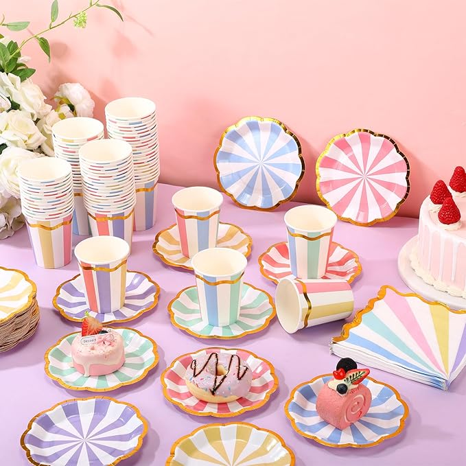 Yungyan 108 Pcs 36 Guest Pastel Party Plates and Napkins Gold Foil Scalloped Edge 6" Paper Dessert Plates and Striped Pastel 9 oz Cup Disposable Tableware Set for Birthday Wedding Baby Shower Supplies