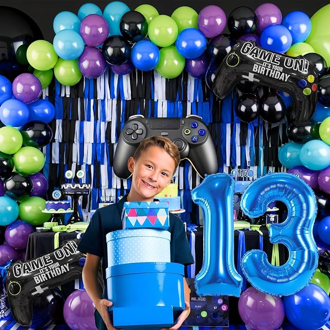 13th Video Game Balloons Arch, 13th Game Party Balloons Garland Kit 13th Birthday Supplies with Blue Number 13 Foil Balloons for 13 Year Old Teens Boys Decor