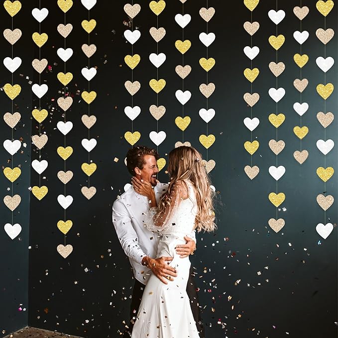 Heart Party Decorations Glitter Gold Champagne Gold White Paper Love Heart Hanging Garland Streamer Banner for Birthday Wedding Engagement Anniversary Valentines Day Baptism Baby Shower Party Supplies