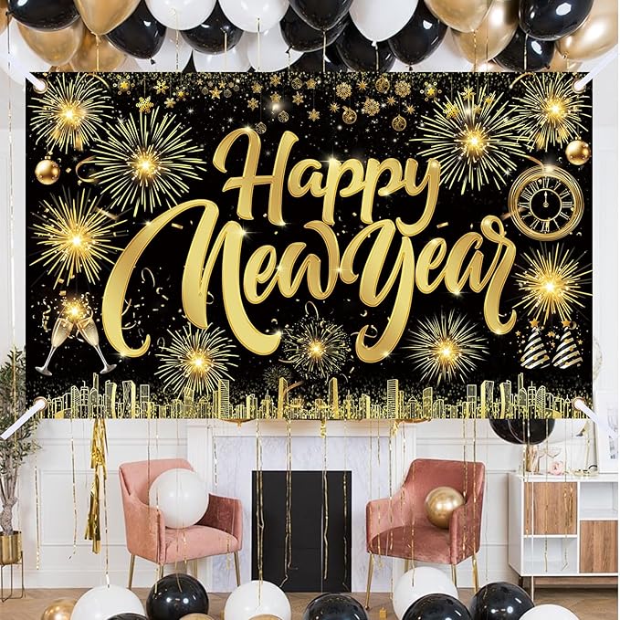 Famoby Happy New Year Fabric Sign Poster Banner Backdrop with Pattern Firework Champagne for Photo Booth Background New Year Party Decorations Supplies