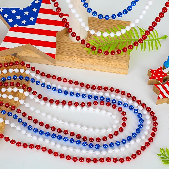 4th of July Accessories, 15PCS 4th of July Bead Necklaces, Metallic Patriotic Independence Day Red Blue White Necklace, Necklace for Memorial Day Patriotic Parades Party Favors Supplies