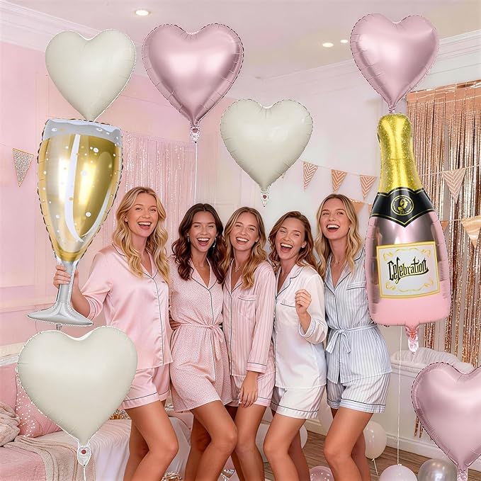 Champagne Balloons, Bachelorette Party Balloons with Champagne Bottle Glass Foil Mylar Balloon Pink Beige Heart Shaped Balloon for Engagement Birthday Bridal Shower Wedding Anniversary Decorations