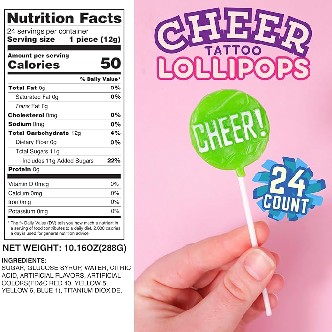 Cheer Tattoo Lollipops, Team Party Favor Candy Gifts, Individually Wrapped Suckers, Pack of 24