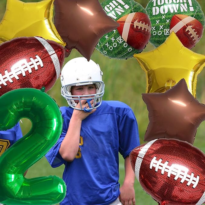 Football Balloons Foil Football Birthday Decorations Balloons Green Number 2 Balloon Gold Brown Star Touchdown Ballons for Rugby Birthday Decorations Sports Ballons Arch Kits Party Balloon Sets 9pcs