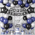Navy Blue and Black Birthday Decorations for Men, Black Blue Confetti Balloon with 'HAPPY BIRTHDAY' Banner Fringe Curtains Crown Foil Balloons Cake Topper for Men Boys Adults Party Decor