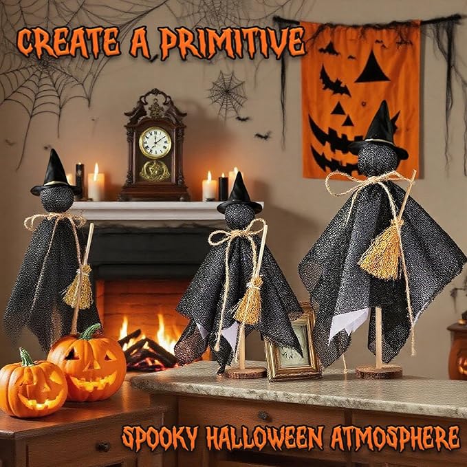 Halloween Decorations Indoor - 3 Set Primitive Halloween Wtich with Hat, Wooden Stand Witch Decor for Table Centerpieces, Mantels, Shelves, Vintage Spooky & Festive Party Decor