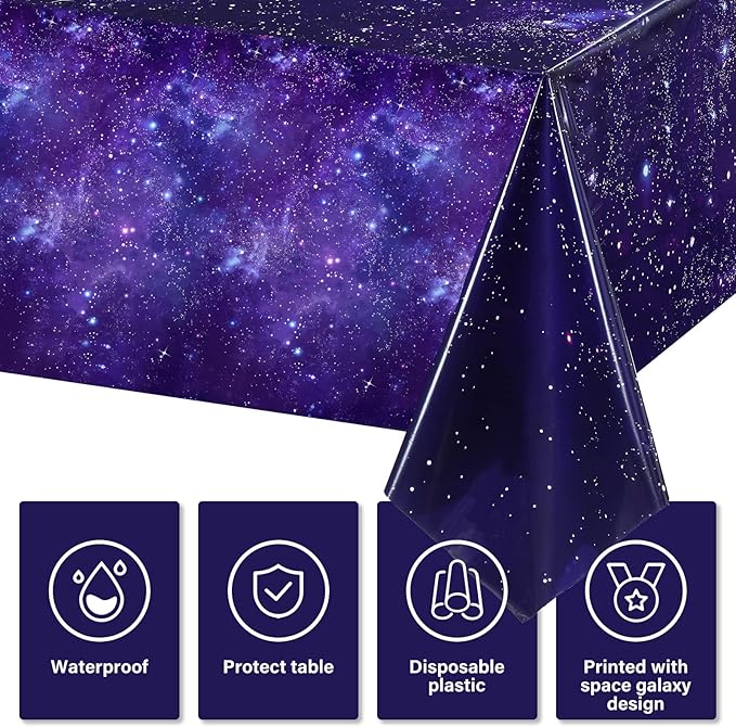 Tatuo 6 Pack Galaxy Plastic Table Cover Space Tablecloth Space Star Purple Nebula Rectangle Tablecloth Disposable Starry Night Sky Tablecover for Birthday Home Party Decorations, 54 x 108 Inch
