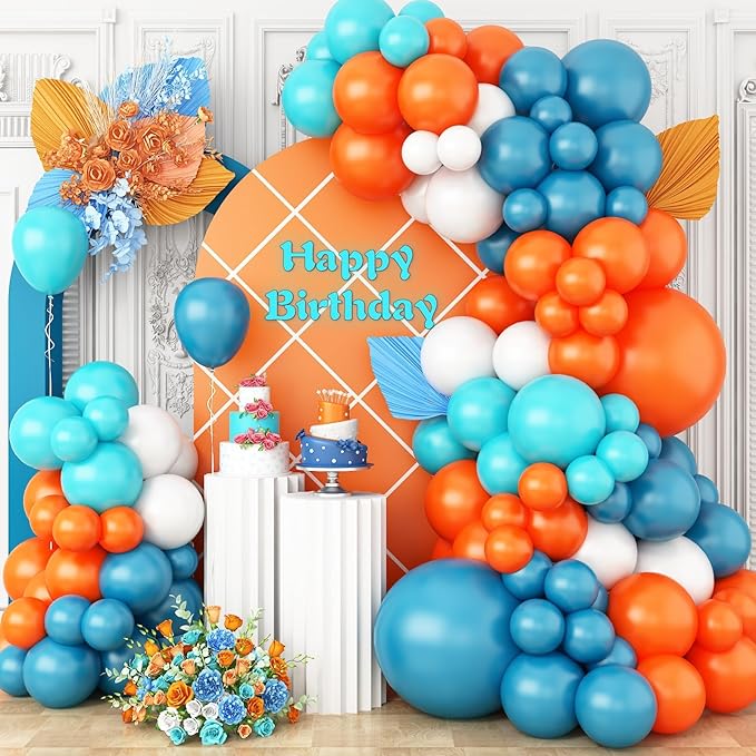GRESATEK Orange-Blue-White Balloon Arch Garland Kit, Teal Blue Peacock White Latex Balloons, Blue & Orange White Party Balloons for Birthday, Wedding, Baby Shower, Party Supplies