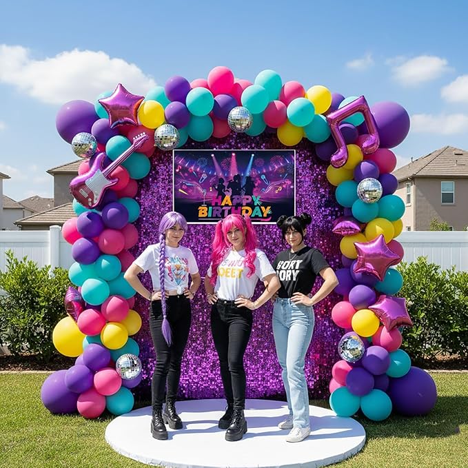 Purple pink teal kpop theme Balloon Arch Garland Kit with backdrop Musical symbols Disco Star mylar balloons for kpop music Birthday Decorations Y2K Concert Movies Tv fans Party Supplies