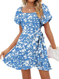 Sampeel Womens Summer Dresses Square Neck Puff Sleeve Tie Waist Short Dress