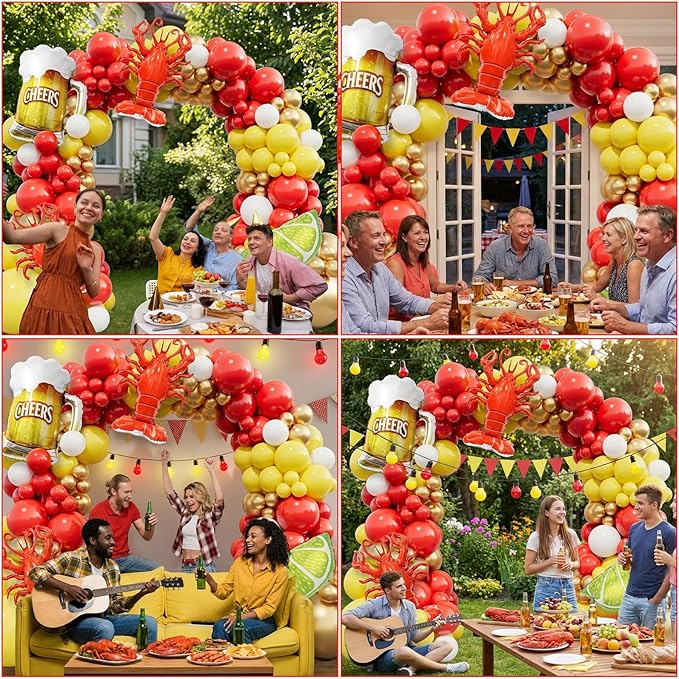 Bonropin Crawfish Boil Party Supplies, 150pcs Crawfish Balloon Arch Garland Kit with Red Yellow Gold Latex Balloons, Crawfish Beer Lemo Foil Balloons for Crawfish Boil Birthday Party Decoration