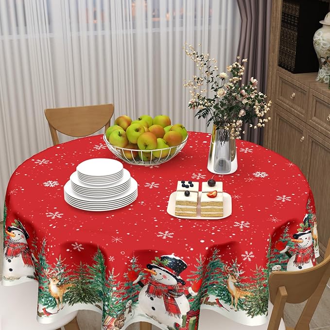 Red Christmas Round Tablecloth 70 Inch Xmas Snowman Pattern Circle Table Cloth Winter Snowflake Table Cover Washable Polyester Decorations for Home Kitchen Dinning Party