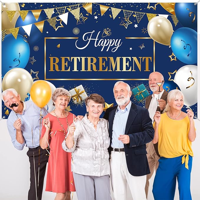Blulu Retirement Party Decorations, Extra Large Fabric Retire Sign Banner Photo Booth Backdrop Background with Rope for Retirement Party Favor(72.8 x 43.3 Inches,Blue and Gold)