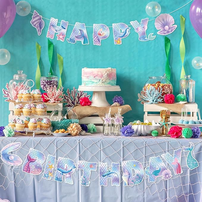 Mermaid Party Decorations Happy Birthday Banner Mermaid Party Banner Garland for Birthday Party Decorations Mermaid Party Supplies