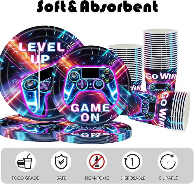 194 Pcs Video Game Party Supplies Serve 24, Includes Game On Neon Themed Tableware, Plates, Napkins, Banner & Tablecloth, Ideal for Gamer Birthday Party Decoration