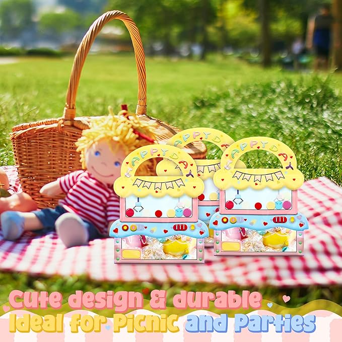 Fullhawl 24 Pcs Cute Claw Machine Goodie Bags for Kids Birthday Party Favor Cartoon Goodie Bags with Handle Plastic Reusable Resealable Candy Storage Packaging for Baby Shower Classroom Supplies