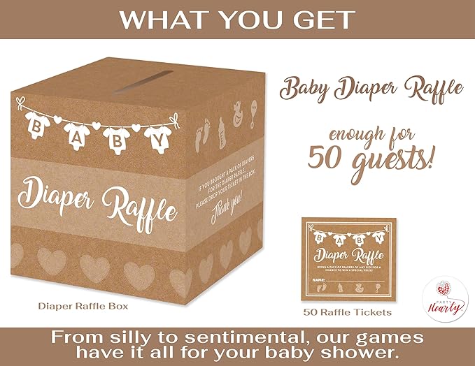Party Hearty Baby Shower Games for Girl or Boy, 50 Diaper Raffle Tickets, Diaper Raffle Ticket Cards Box, Baby Shower Decorations, Raffle Prizes, Ideas