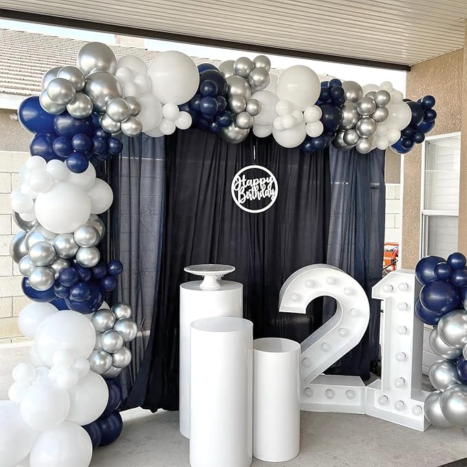 Navy Blue and Silver Balloons Garland Arch Kit,150pcs Navy Blue Silver and White Latex Balloons in Different Sizes for New Year Graduation Baby Shower Birthday Prom Wedding Party Decorations
