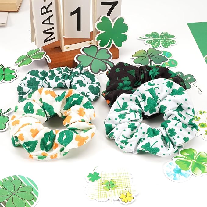 St Patrick's Day Hair Ties for Women Girls Lucky Green Shamrock Hair Scrunchies Irish Elastics Hair Bands Scrunchy Ropes Hair Accessories 4PCS