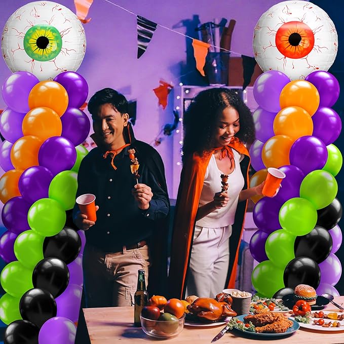 Kasyat 2 Set Halloween Eyeball Balloon Column Stand Kit with Red Green Eyeball Foil Balloon Orange Purple Green Black Arch Garland Kit for Spooky Birthday Party Halloween Theme Decoration